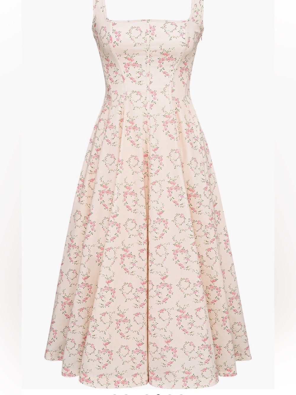House of CB Mariabella lace up stretch cotton dress vintage floral Cream M - Picture 5 of 9